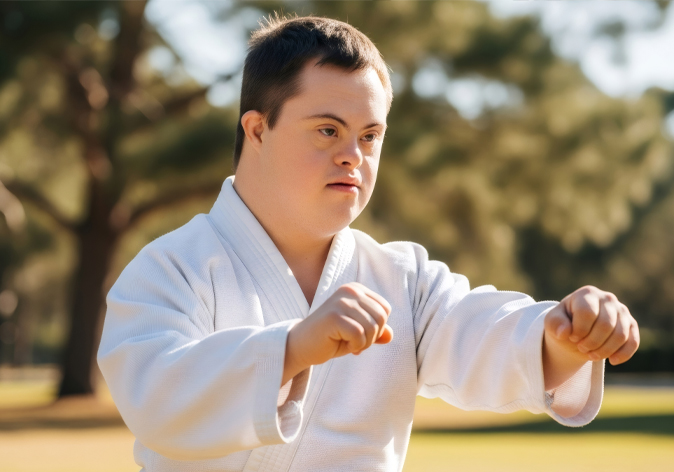 Young athlete with Down syndrome practicing martial arts outdoors while wearing a white uniform.